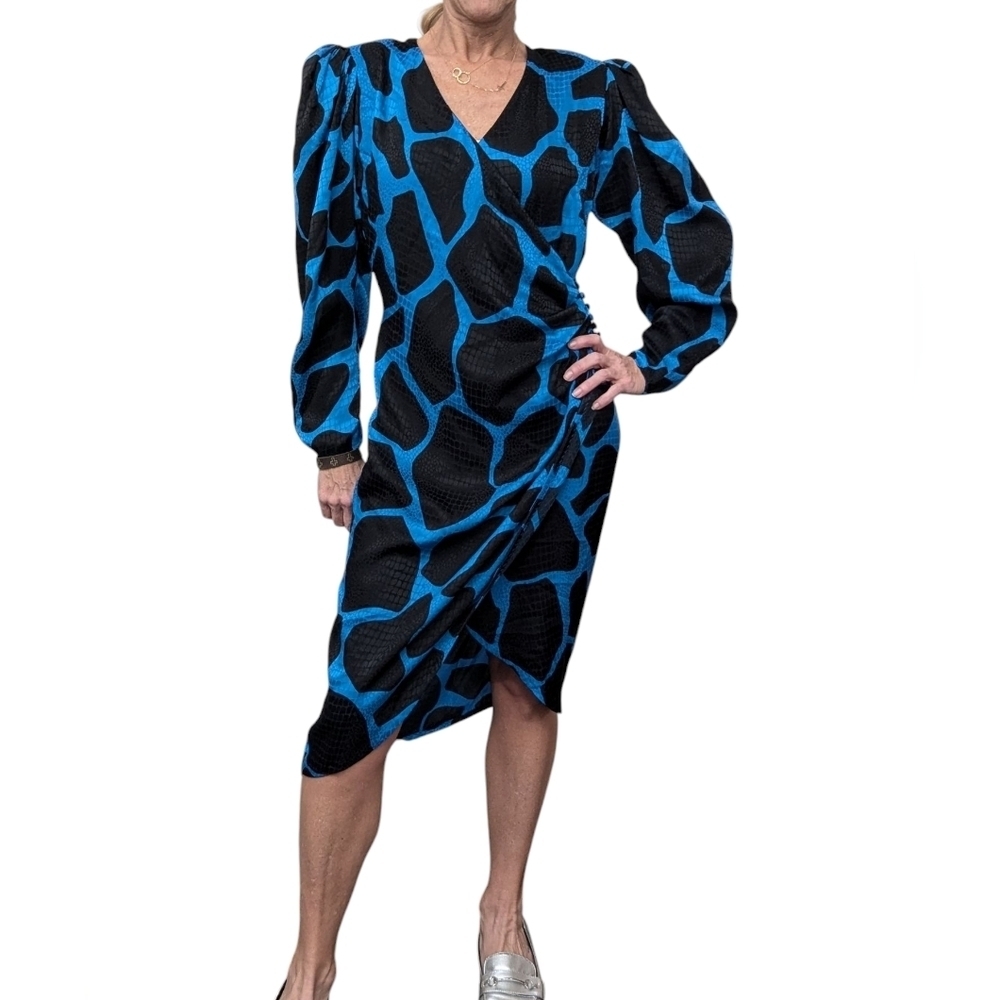 Vintage Flora Kung Silk Dress 6 Blue Black Abstract Ruched Puff Sleeve